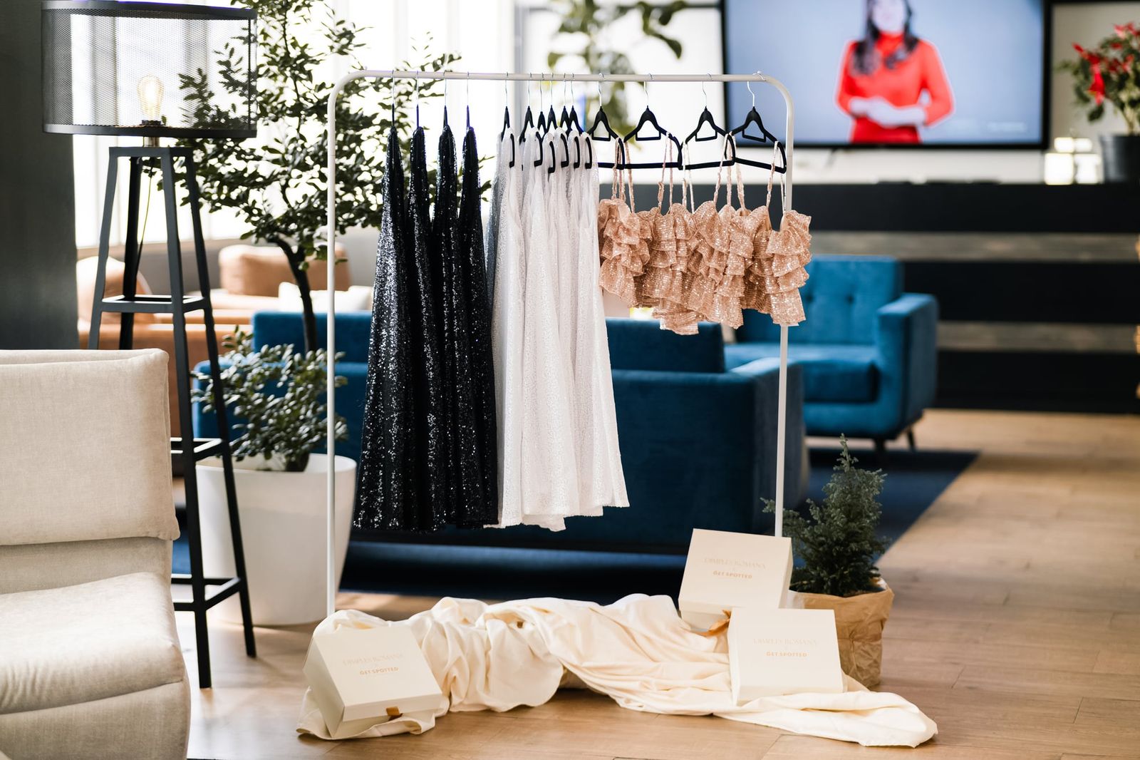 The collection's racks set up for the launch