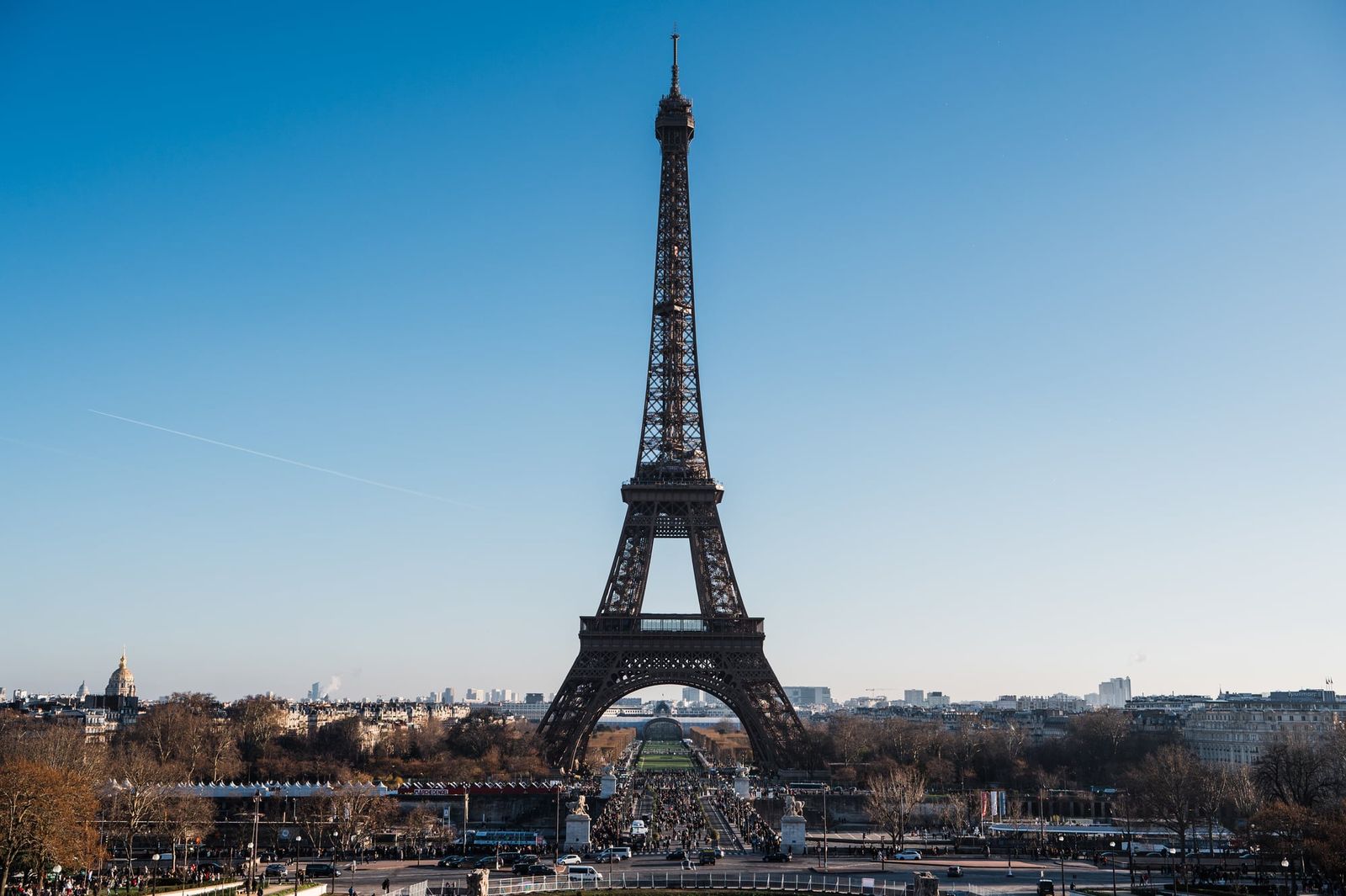 The Eiffel Tower under a clear blue sky in Paris