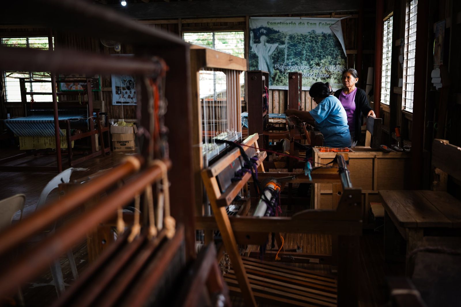 Rows of handlooms inside the Negros 9 weaving centre