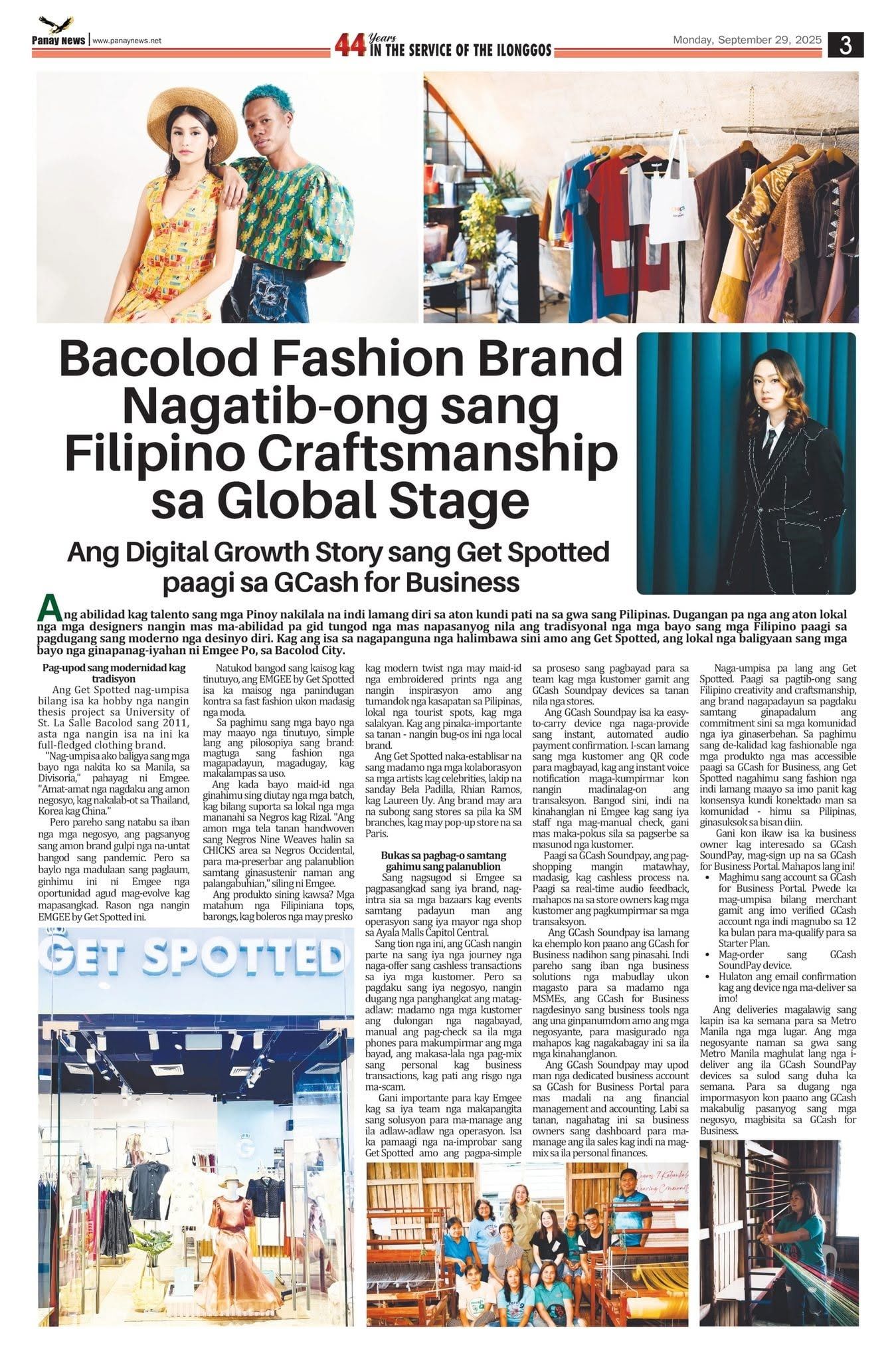 The Panay News page of Monday, September 29, 2025: "Bacolod Fashion Brand Nagatib-ong sang Filipino Craftsmanship sa Global Stage", with photos of Get Spotted, Emgee Po and the Negros weavers
