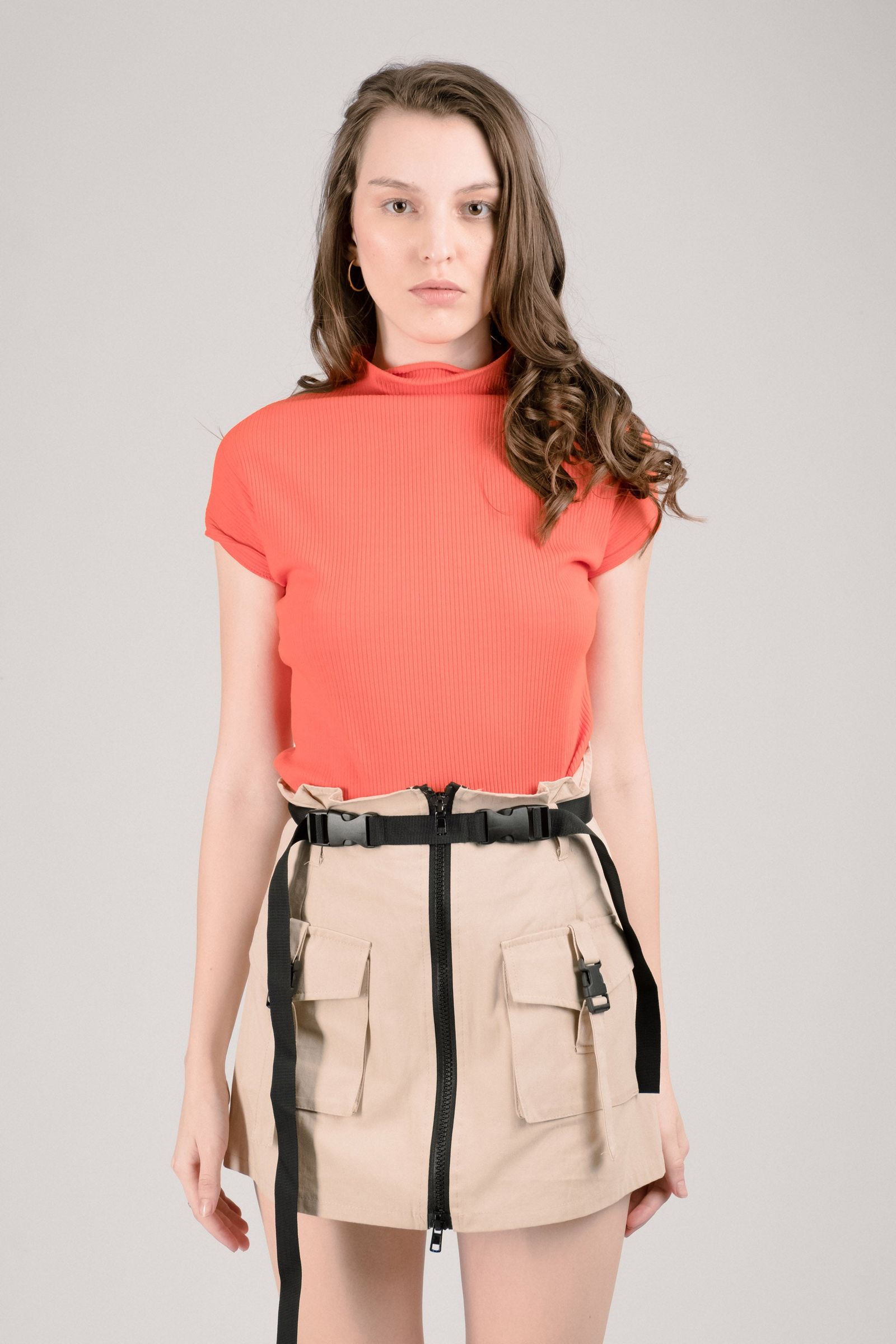 Fawn Ribbed Top with Sleeves in Neon Orange
