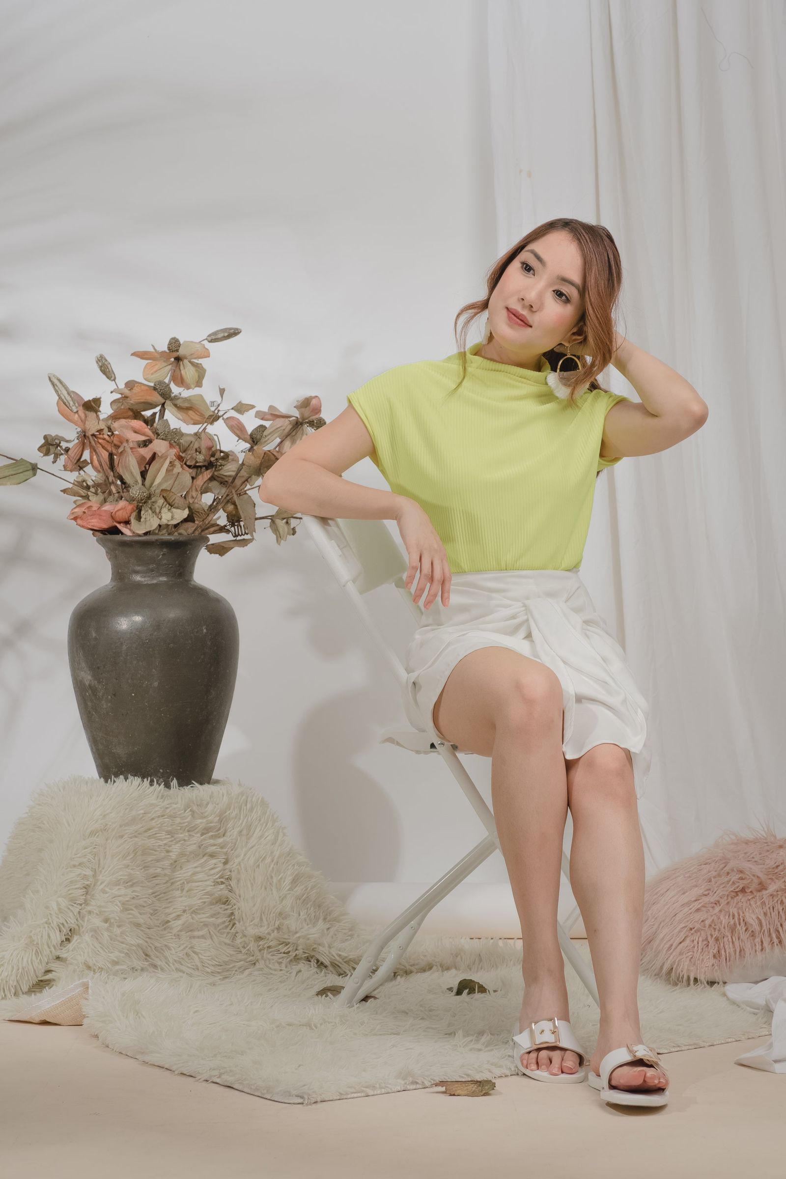 Fawn Ribbed Top with Sleeves in Neon Green