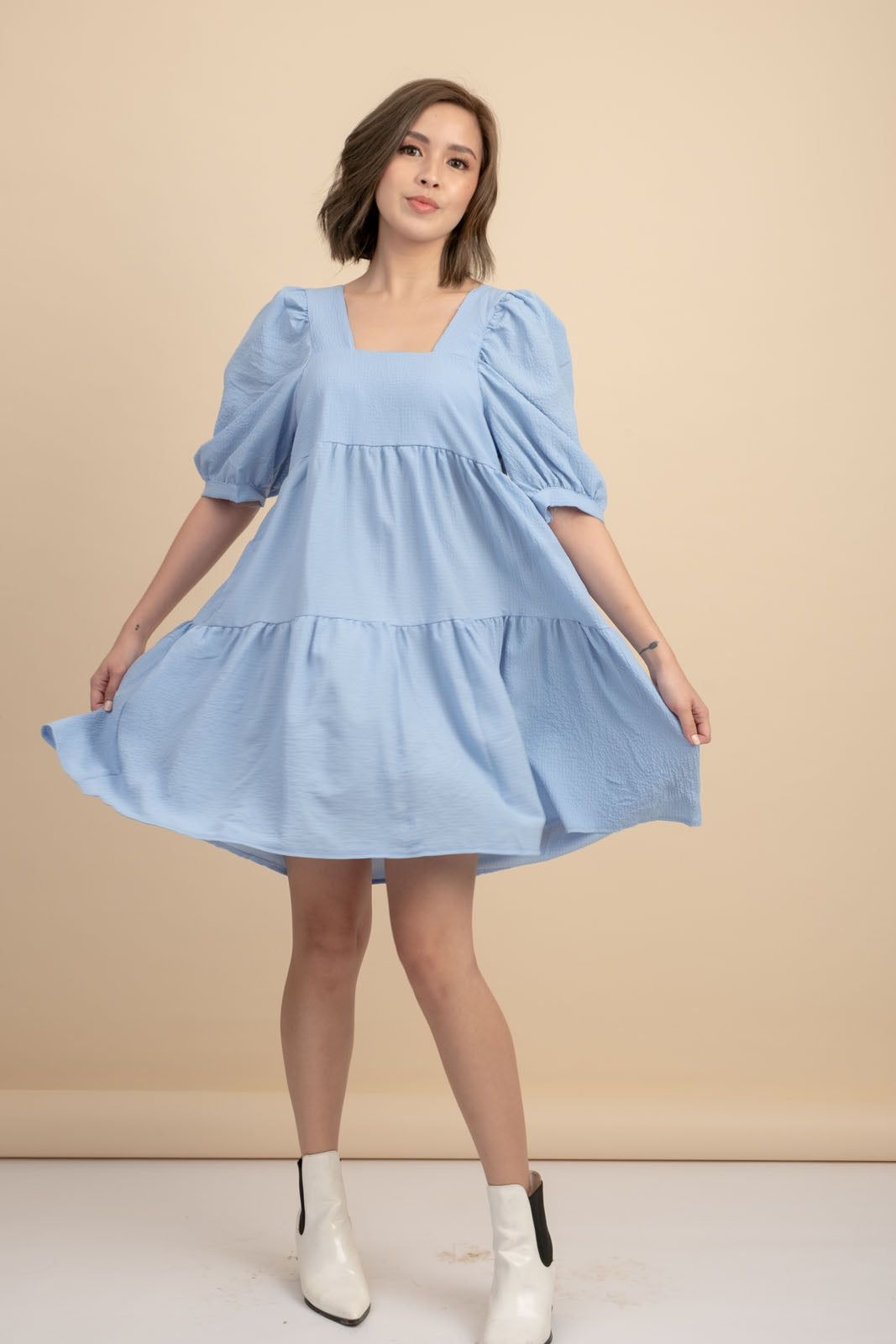 Kattie Blue Babydoll Dress Textured Fabric