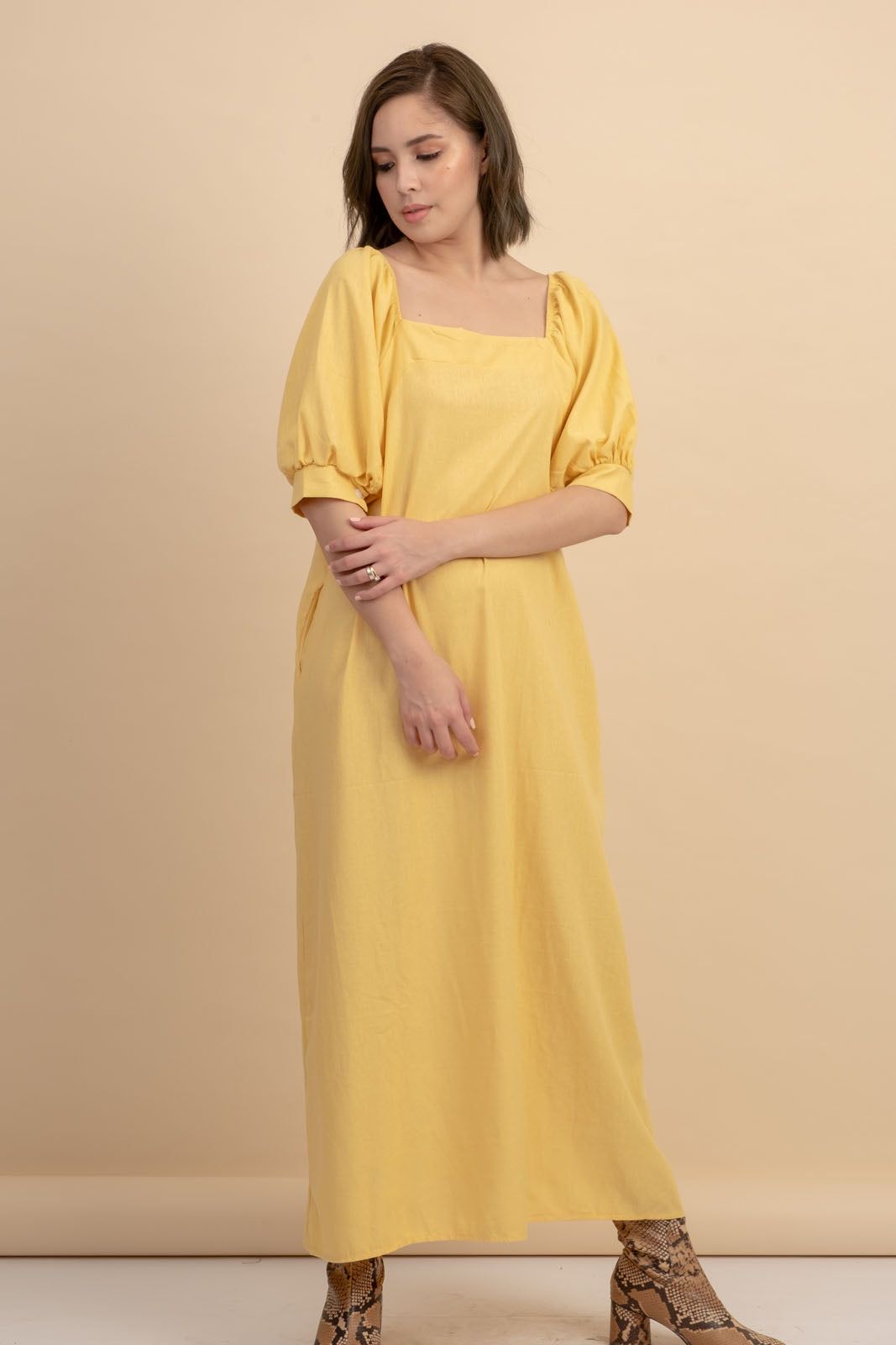 Carrie Yellow Linen Maxi Dress