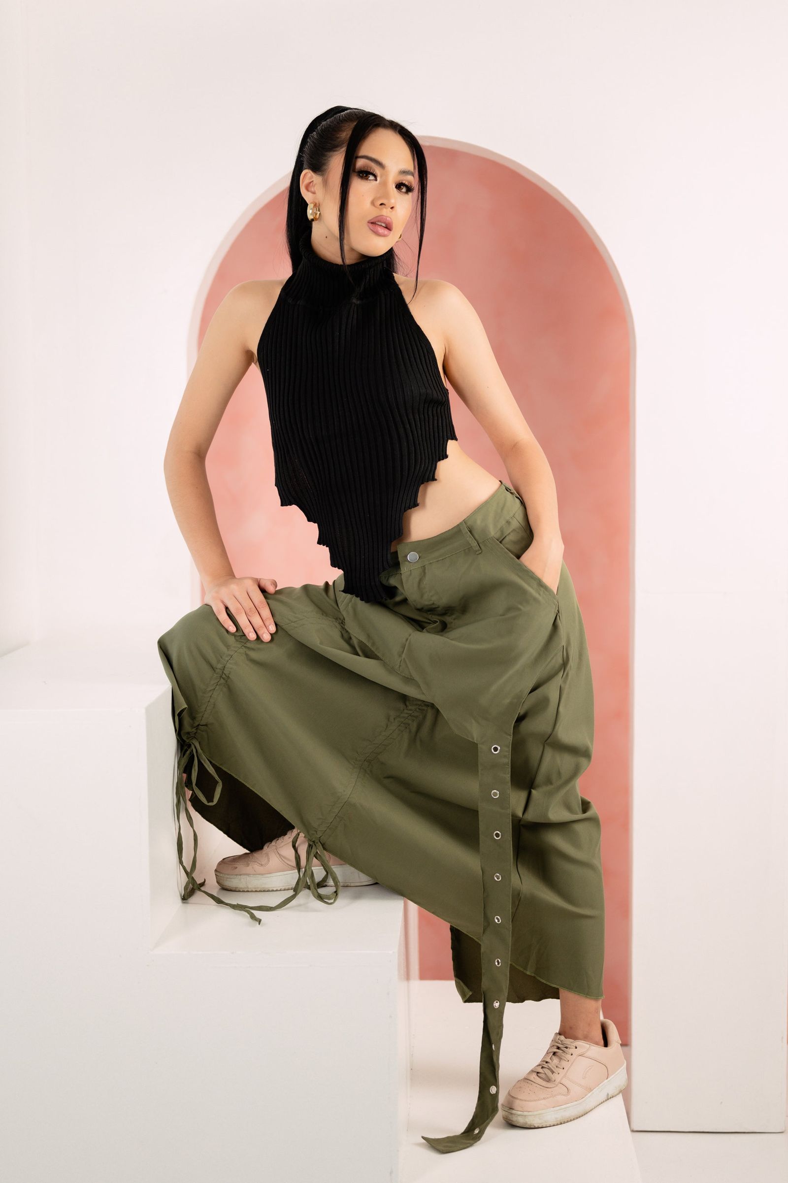 GS Gen Z: Army Green Draawstring Cargo Maxi Skirt