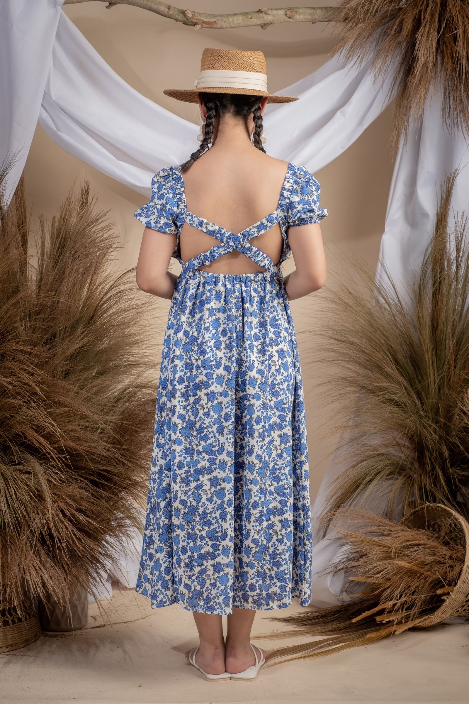 Maxwell Blue Floral Sexy Backless Dress