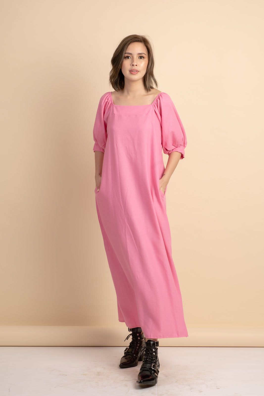 Carrie Pink Linen Maxi Dress