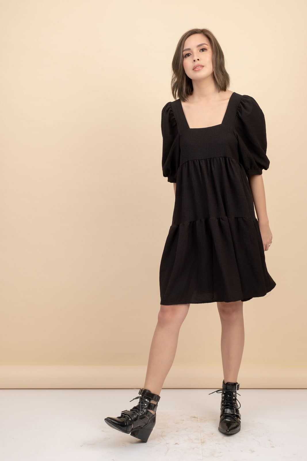 Kattie Black Babydoll Dress Textured Fabric