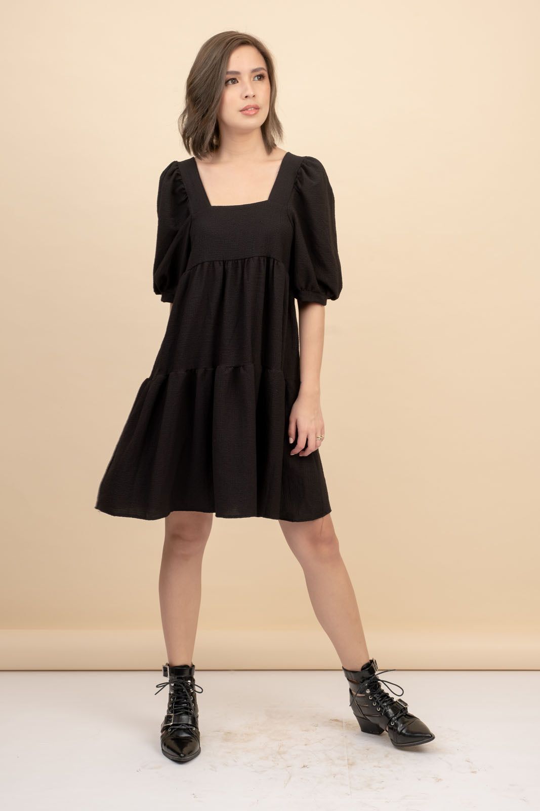 Kattie Black Babydoll Dress Textured Fabric
