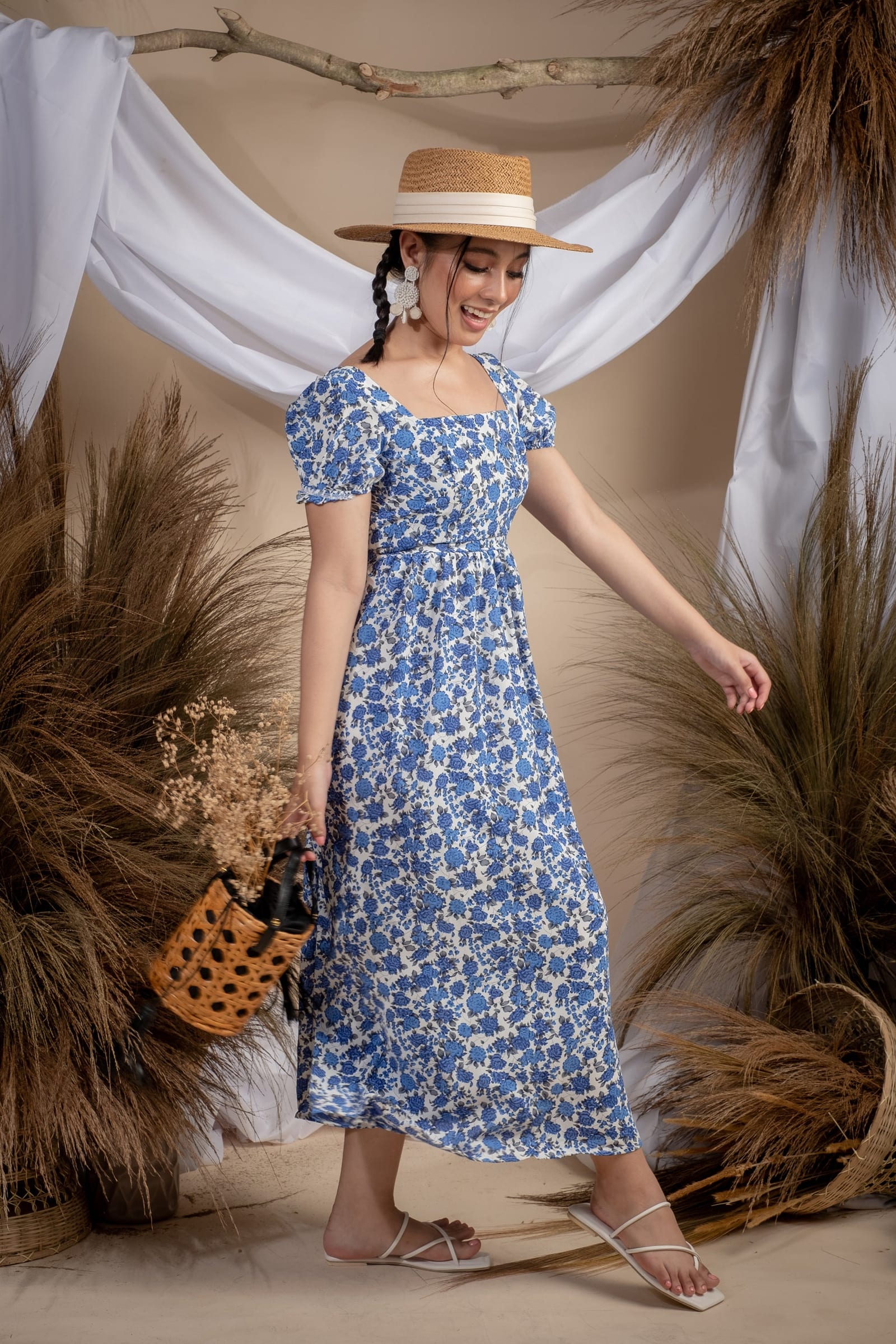 Maxwell Blue Floral Sexy Backless Dress