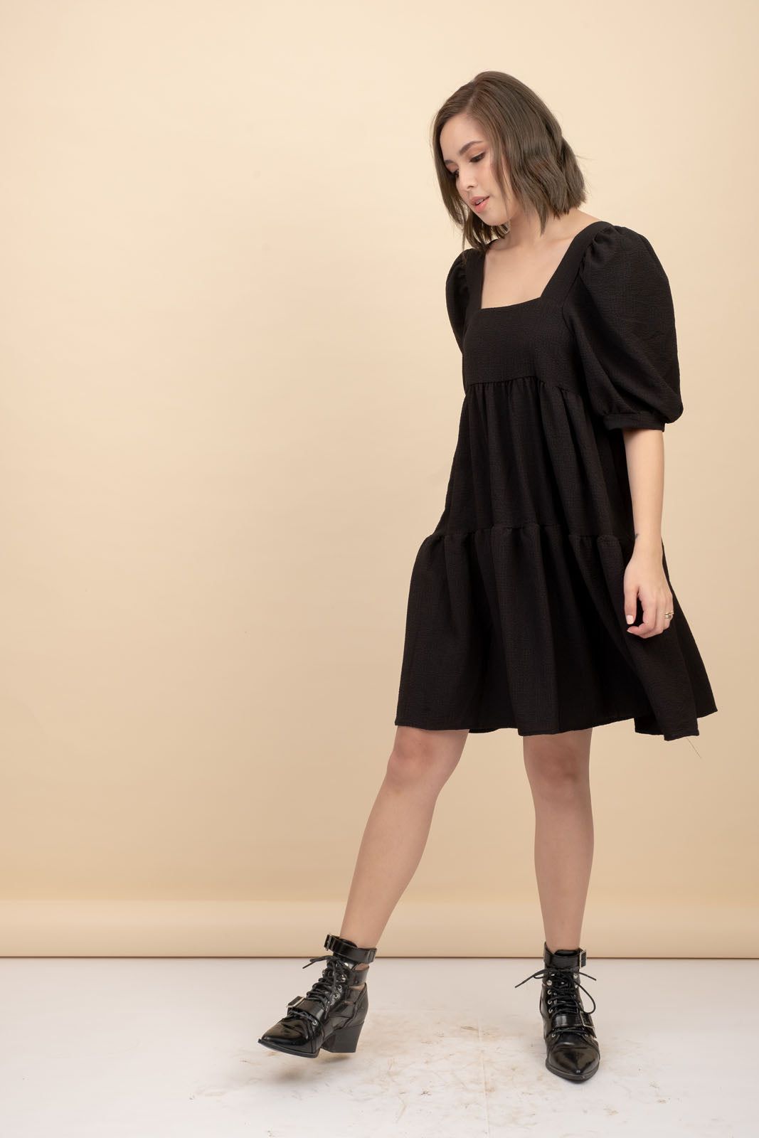 Kattie Black Babydoll Dress Textured Fabric