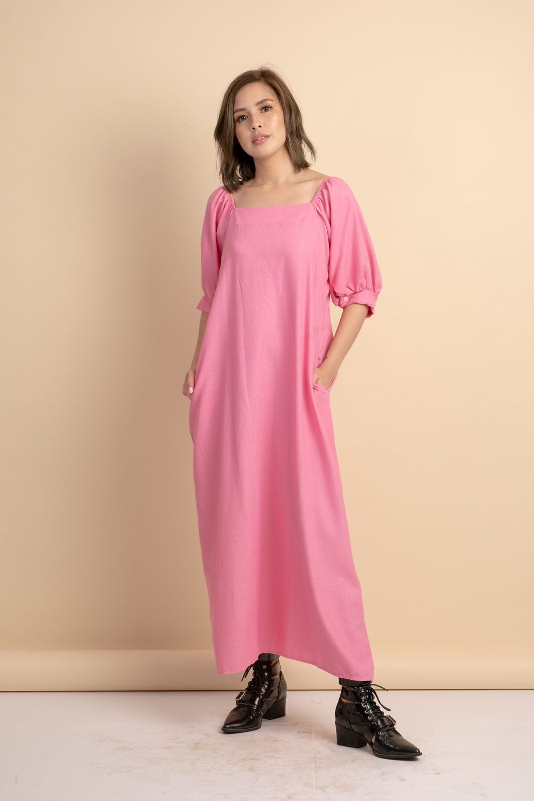 Carrie Pink Linen Maxi Dress