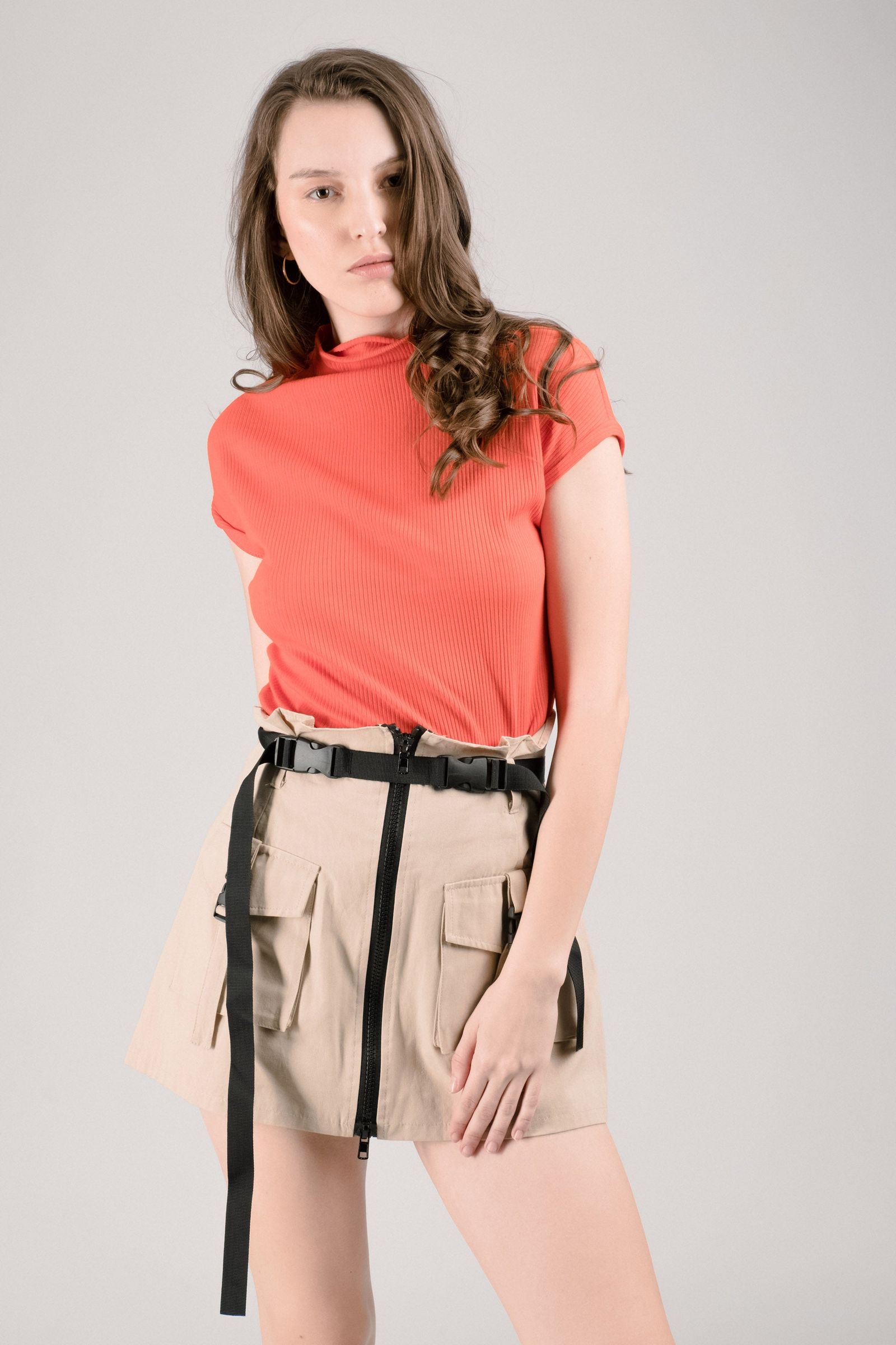 Fawn Ribbed Top with Sleeves in Neon Orange