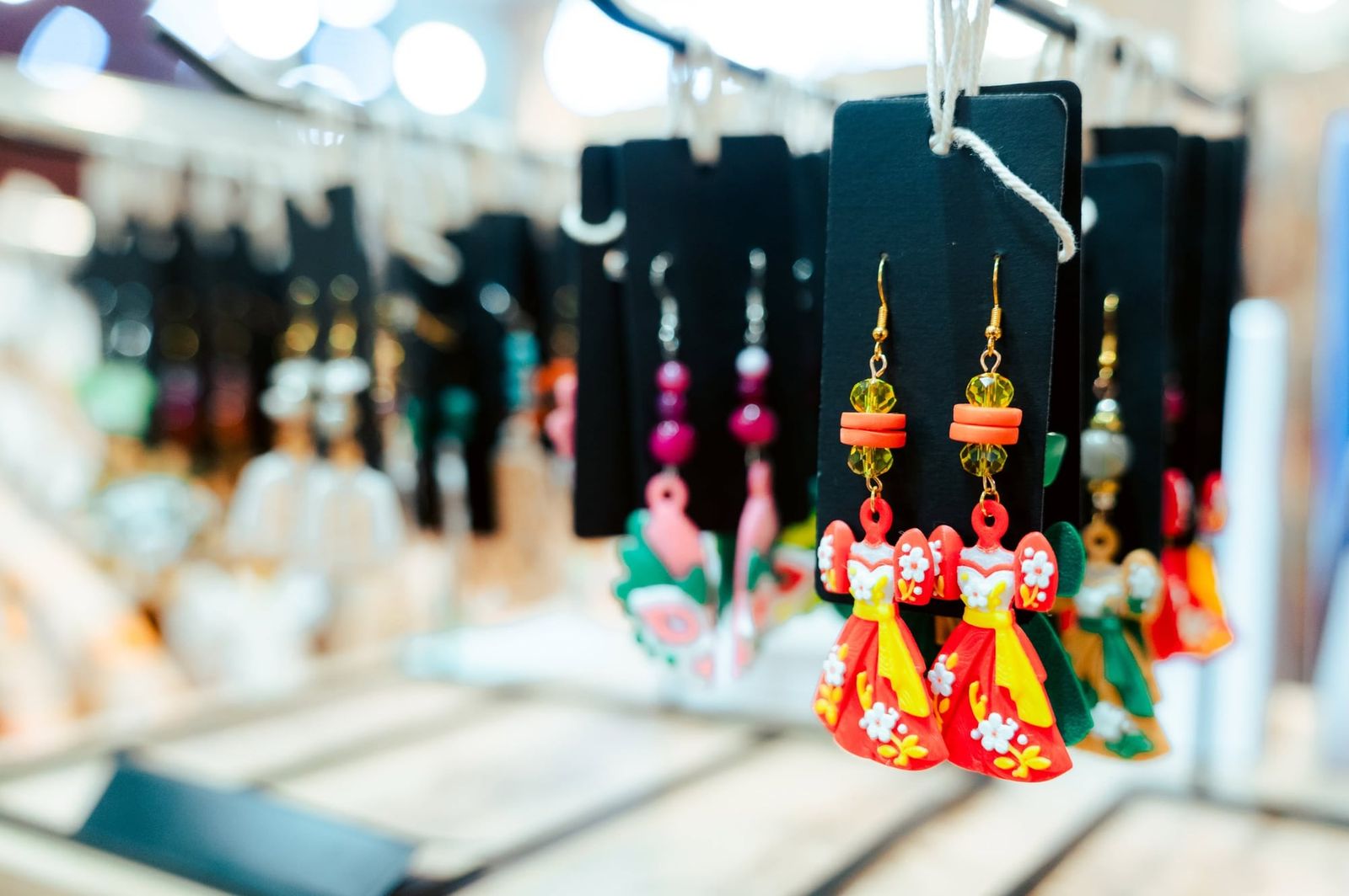 Statement earrings on display at the booth